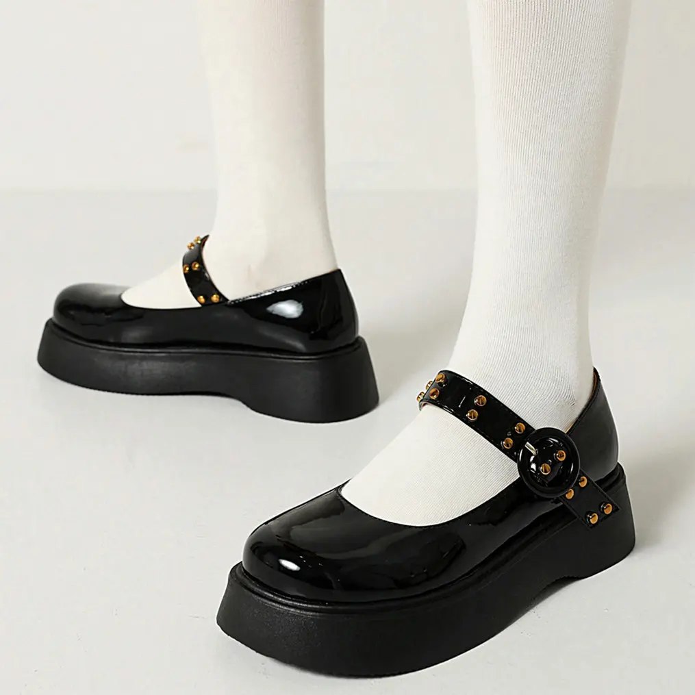Eokkar 2022 Women Black Shool Uniform Shoes for Girls Patent Leather Mary Janes Wedges Heel Buckle Japanese Shoes Casual Pumps