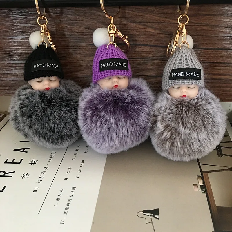 Fake Rabbit Fur Ball Sleeping Baby Doll Keychain Pompom Car Keyring Key Chain Women Holder Bag Pendant Jewelry | Игрушки и хобби