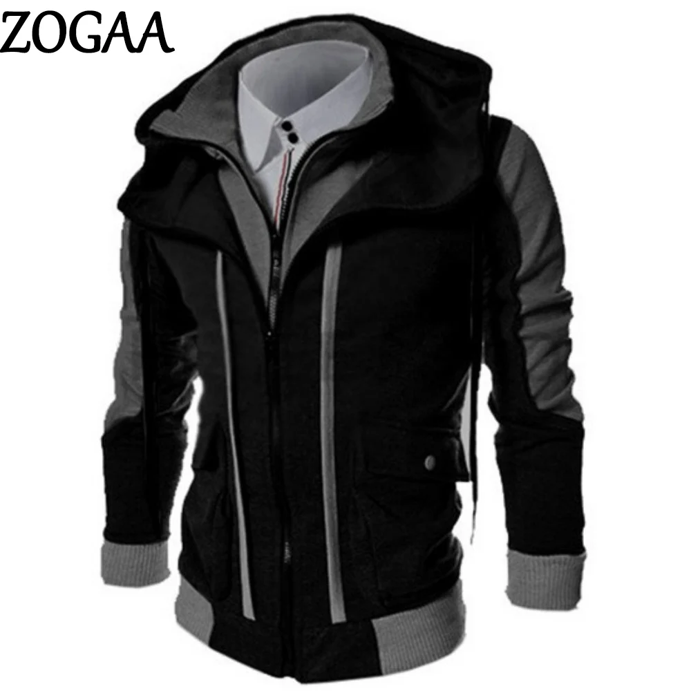 

Осенне-весенняя Мужская куртка, Повседневная двойная молния, имитация двух топов, куртки с капюшоном, кардиган, ветровка, мужские куртки и п...