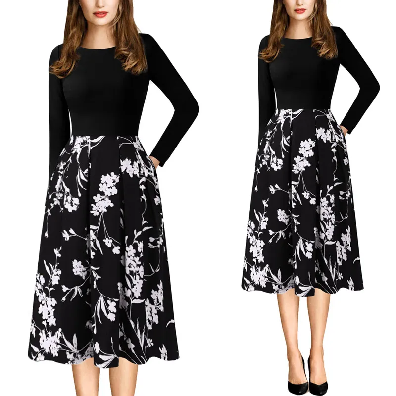 Black White Floral Vfemage, Женская Осенняя Элегантная туника в винтажном стиле с карманами, одежда для работы, офиса, повседневные, вечерние, облегающие и расклешенные, трапециевидные, приталенное платье 1621 - Цвет: Black White Floral