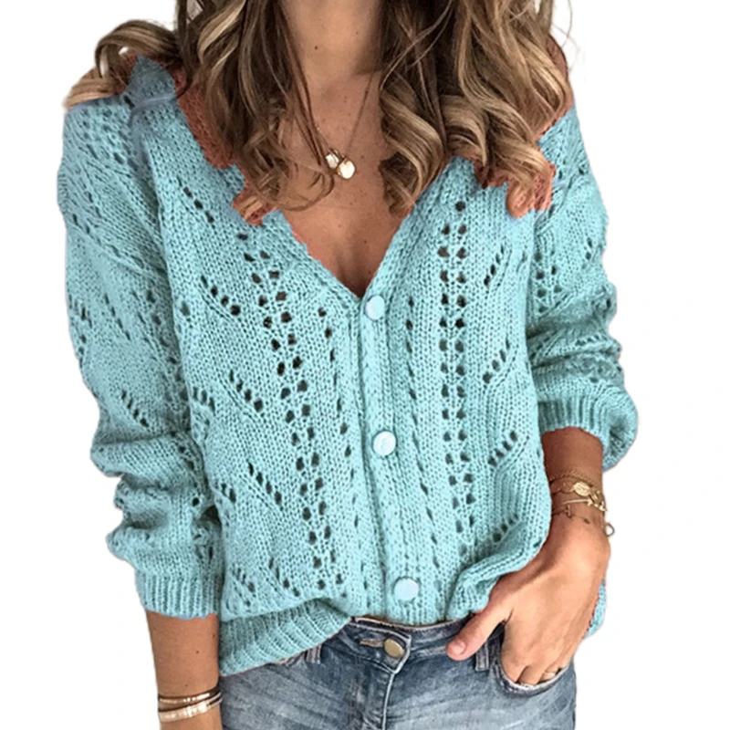 

Женский трикотажный кардиган на пуговицах, Однотонный свитер с длинным рукавом и V-образным вырезом, свободное вязаное крючком пальто
