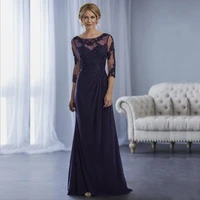 gorgeous dark purple chiffon lace applique mother of the bride gowns boat neck three quarter sleeve wedding party gowns back out