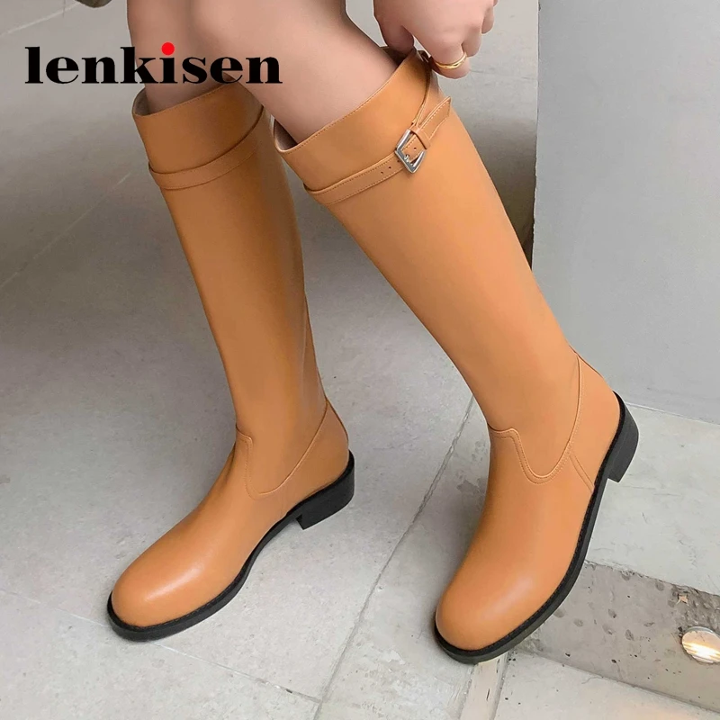 

Lenkisen cow split leather equestrian boots round toe med heel buckle decoration handsome young lady basic thigh high boots L25