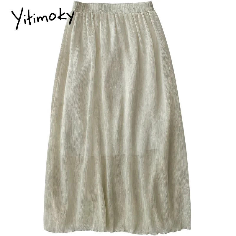 

Yitimoky Vintage Folds Gauze Midi Skirts Womens 2021 Spring Korean Office Lady Black Elastic High Waist A-Line Casual Skirts