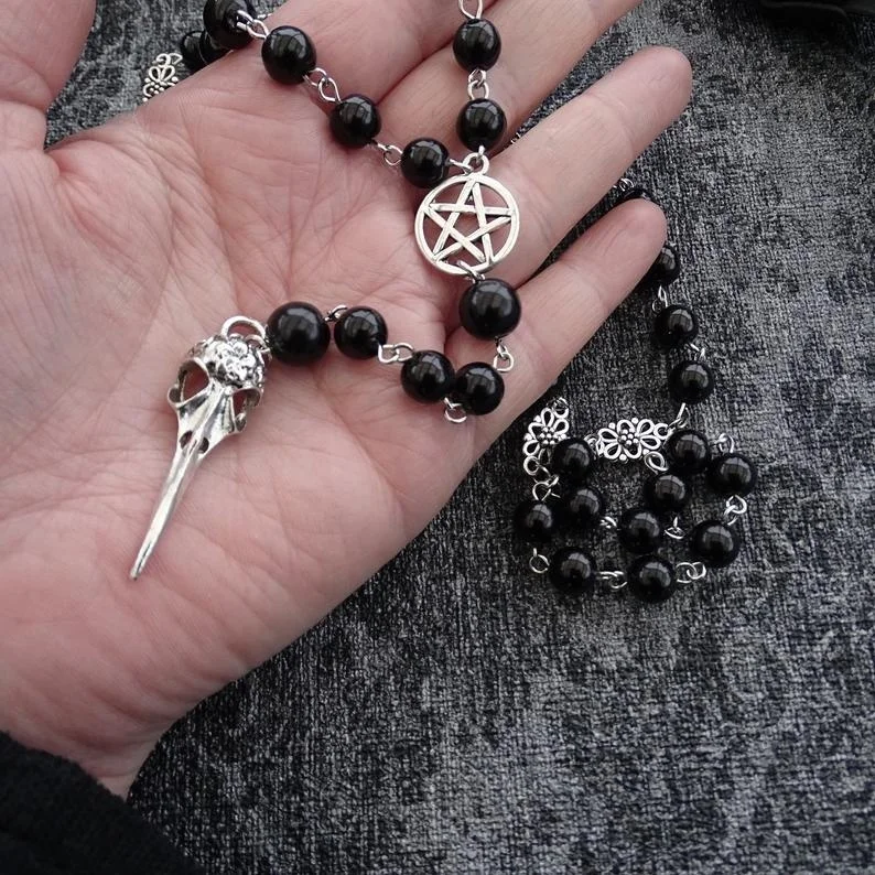 Черный Розарий с пентаграммой и черепом ullsk в античном серебре ожерелье черным