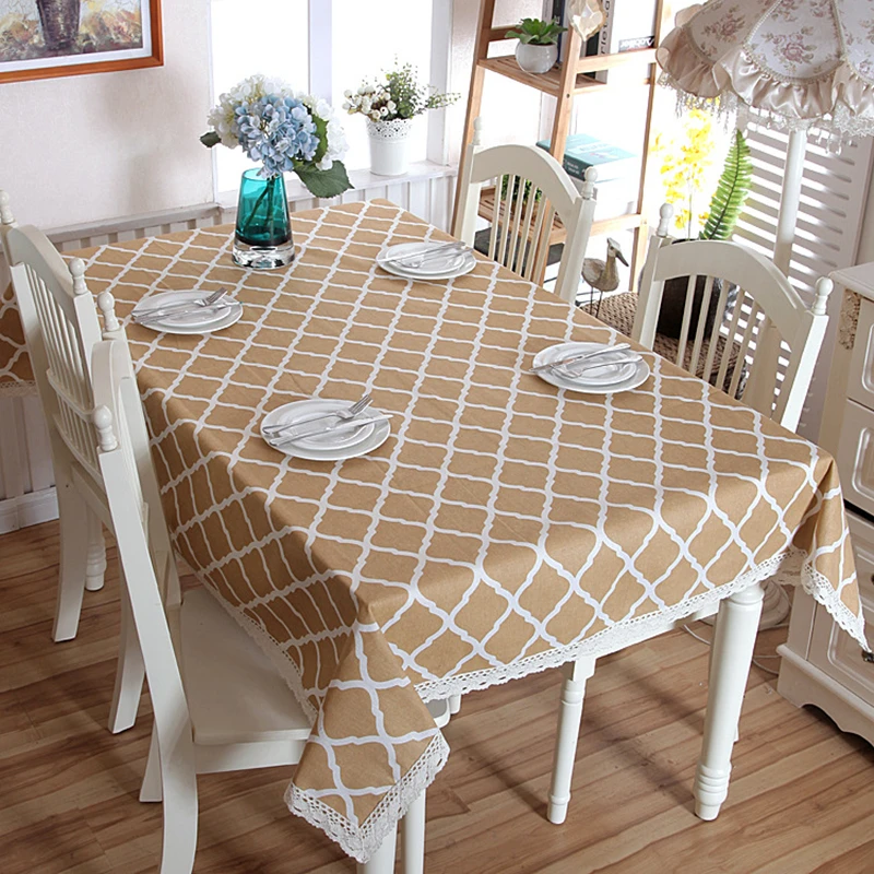 

Modern Rectangular Tablecloth Lace Geometry Rhombus Cotton Linen Khaki Table cloth Washable Tea Table Fabric