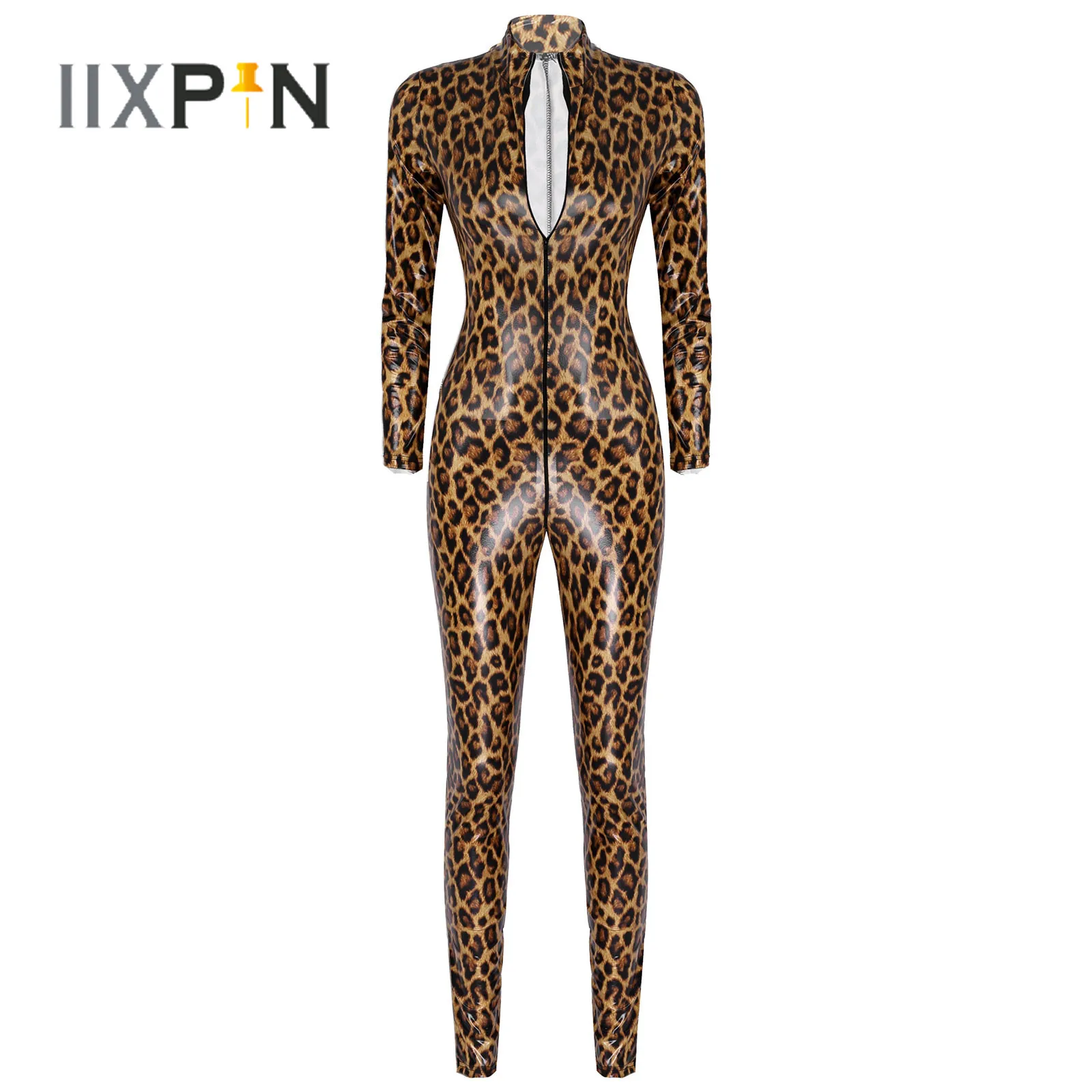 Womens Hot Leopard Print Bodysuit Patent Leather Rave Bar Catsuit Clubwear Stand Collar Zipper Leotard Slim Fit Fashion Jumpsuit