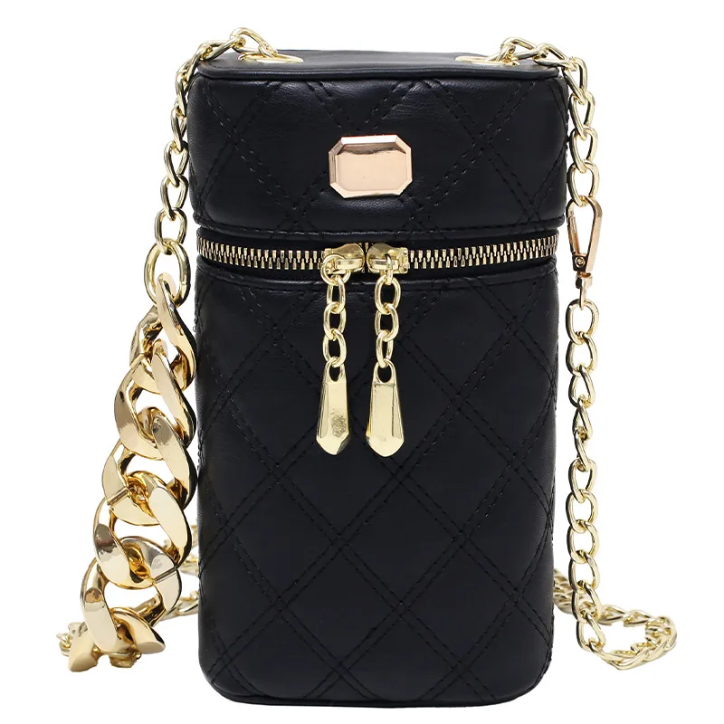 

Korean mobile phone bag new fashion PU leather zipper one shoulder cylinder bag luxury designer Rhomboid chain messenger bag