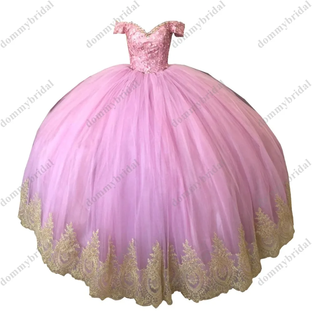 

Fashion Gold Crystal Dusty Rose Pink 2022 Cheap Quinceanera Dresses Prom Evening Dress Off the shoulder Ball Gown Lace Applique