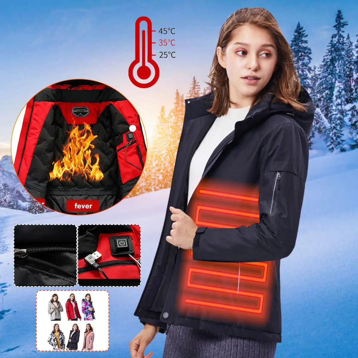 

3 Modes Winter USB Electric Heated Jacket Women Infrared Heating Coat Hooded Thermal Long Sleeves Windbreaker Hiking Vest