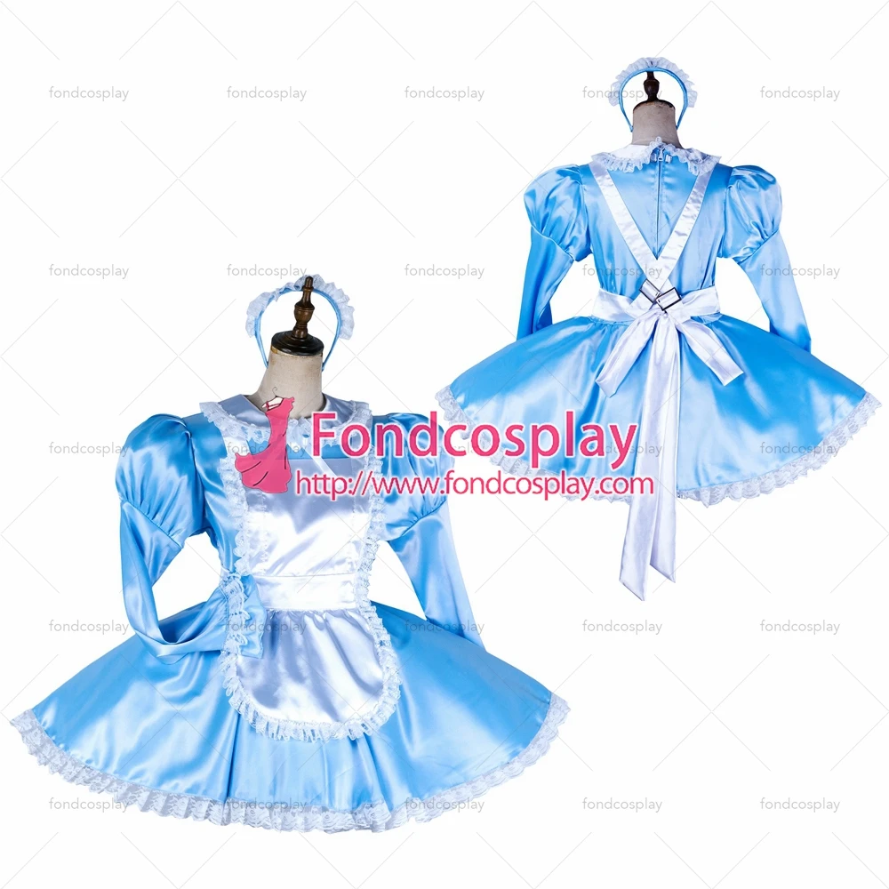 

fondcosplay adult sexy cross dressing sissy maid baby blue satin dress lockable white apron Peter Pan collar Tailor-made[G2037]