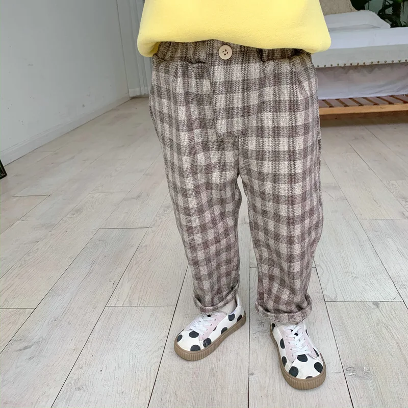 Mihkalev/осень зима 2020 детские клетчатые штаны для девочек флисовые детей от 2 до 8 лет