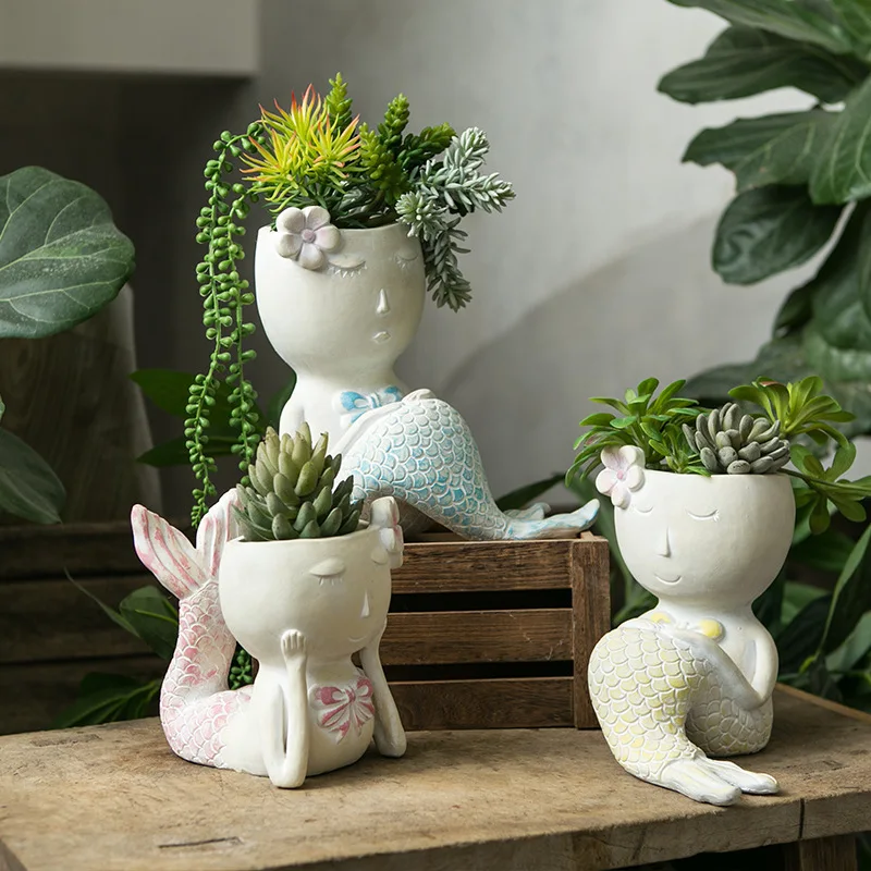 

Cute Mermaid Flower Pot Mini Vase Cartoon Ornaments Fish Shape Succulents Flower Lover Green Plant Pot Garden Home Decoration