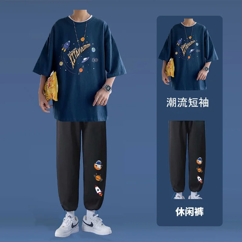 

A suit of clothes men's short sleeve spring and summer trend students' Capris Hong Kong style casual loose round neck shirt