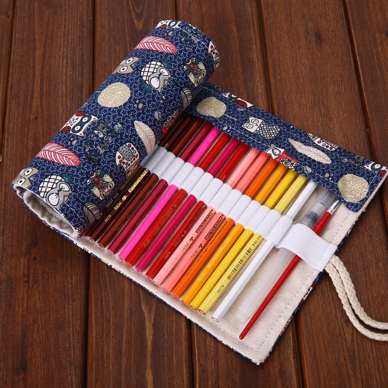 

36/48/72 Holes Owls & Leaves Canvas Roll Up Kawaii Pencil Case Drawing Pen Holder Sketching Bag Girls School Supply Stationery