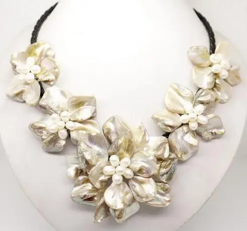

fine jewelry Beautiful Hot sale new StyleStunning Multicolor Freshwater Pearl Sea Shell Flower Leather Necklacegood