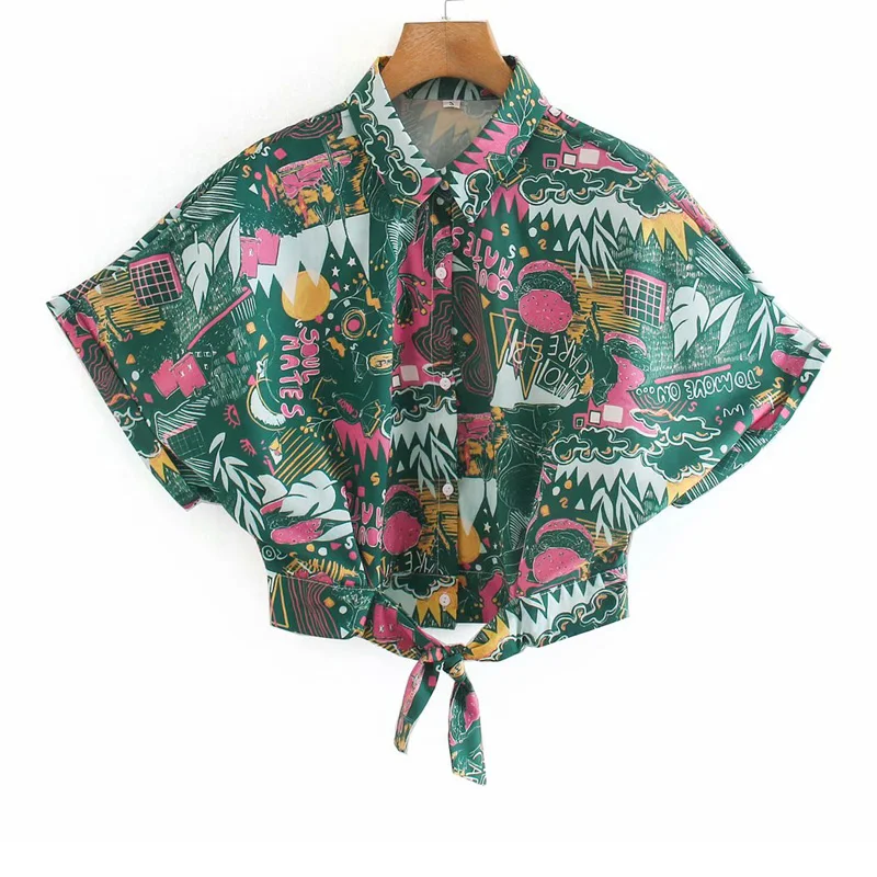 

Fun Printed Short-sleeved Lapel Harajuku Short Single-breasted Women's Shirt Summer Style Graffiti Bow Chic Female Tops
