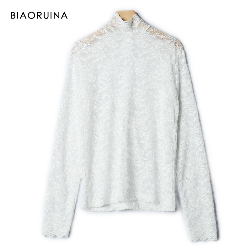 BIAORUINA 3 Colors Women's Solid Sexy Hollow Out Lace Turtleneck Blouse Ladies Elegant All-match Tops One Size | Женская одежда