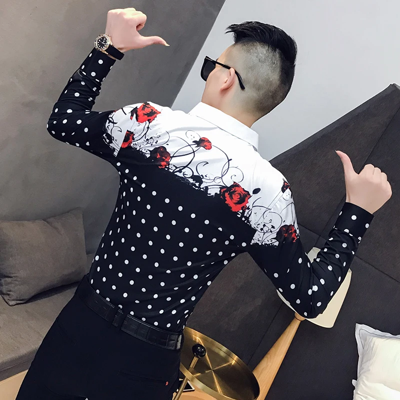 

Spring Luxury Men's Social Club Shirt Rose Polka Dot Print Splicing Long Sleeve Shirt Men's Slim Street Costume Chemise Homme
