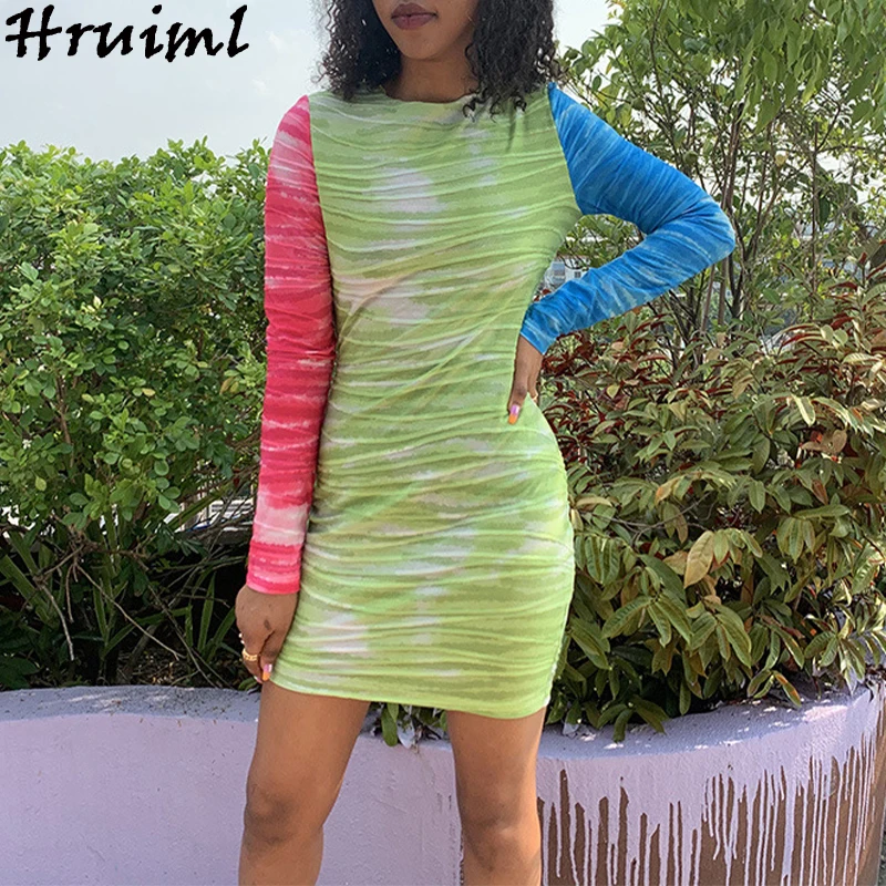 

Fashion Dress for Women Ruched Tie Dye Print Color Matching Long Sleeve O Neck Bodycon Mini Dress Autumn Beach Holiday Dress
