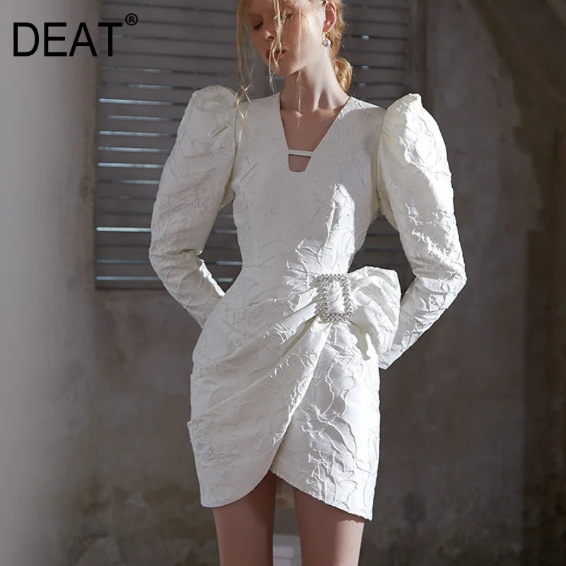 

Женское Повседневное платье с длинным рукавом DEAT, однотонное асимметричное короткое платье с высокой талией, SH592, осень 2021