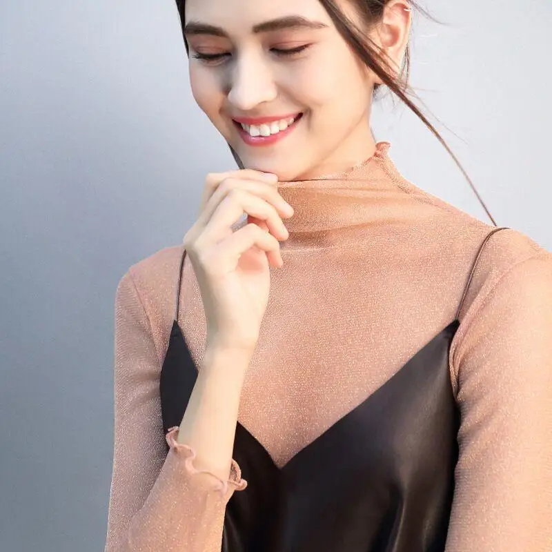 Блестящая прозрачная водолазка с сеткой сексуальные женские прозрачные белые