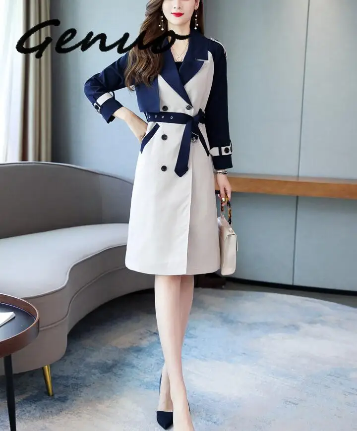 

Genuo Korean Plaid Trench Coat Female Long Sleeve Lace Up Hit Colors Women's Windbreakers Spring Autumn 2019 Fashion New