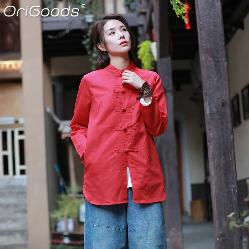 

OriGoods Women Long Sleeve Shirt Linen Blouse Chinese Style Vintage Shirts Red Black Tops Quality Spring Summer Shirt Blusa C206