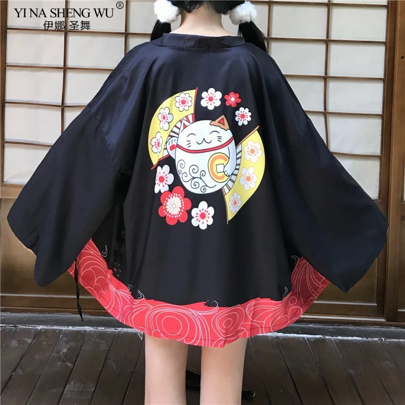 

New Japanese Cat Print Kimono Cardigan Female Loose Shirt Tops Kawaii Kimono Coat Yukata Women Jacket Harajuku Asian Clothing