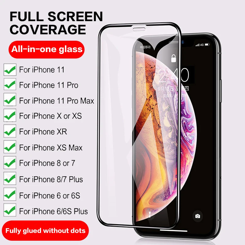 Защитное стекло для iPhone 6 7 8 plus X XS XR с полным покрытием телефона 11 12 mini Pro Max защита