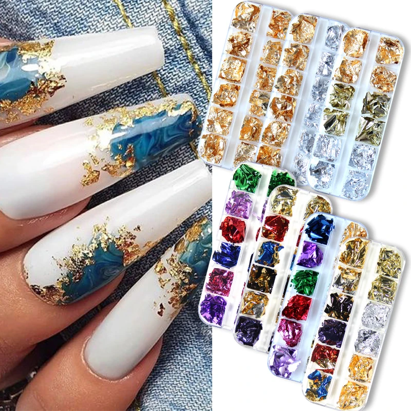 Алюминиевая фольга для ногтей с блестками 12 ячеек хлопья неправильной формы