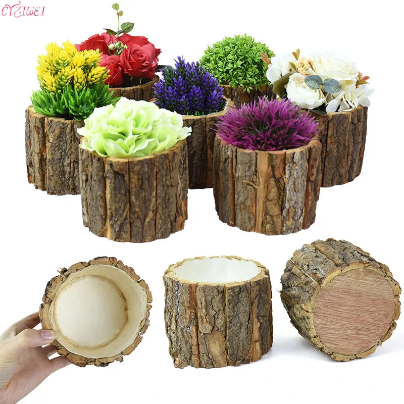 

Creative Xmas Decor Dried Flower Packaging Bark Barrel Bucket Wooden Succulent Plant Pot Rustic Wedding Festival home Decor
