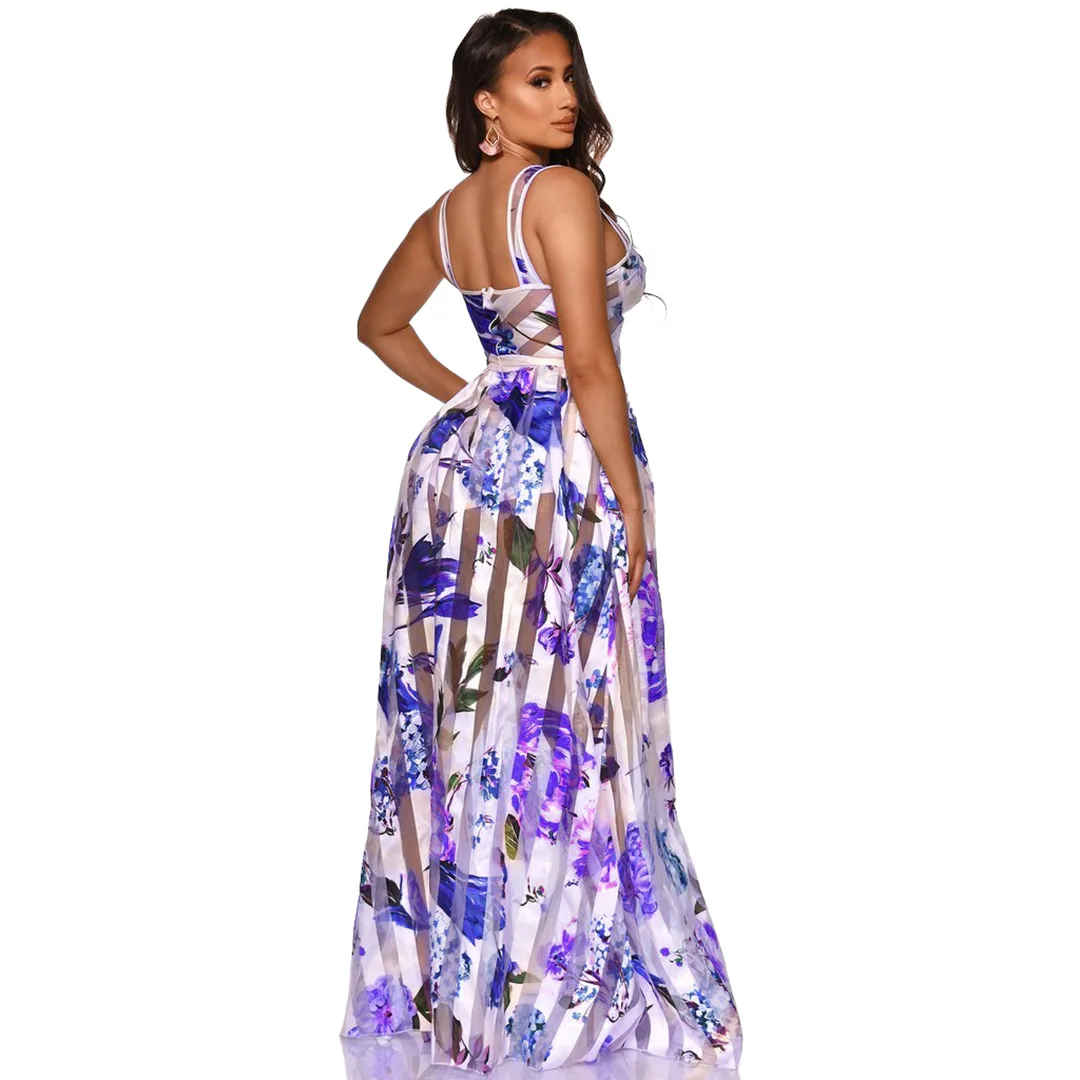 Women Beach Cover Ups Long Plus Size Swimwear Cover Up Dress Tunic Summer Swimsuits Kaftan Playa Pareo Strap Printing Floral
