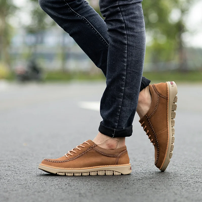 genuine Leather Mens Casual Shoes lace up Resistent Rubber Luxury fashion Man Leisure oxfords For Male shoes | Обувь