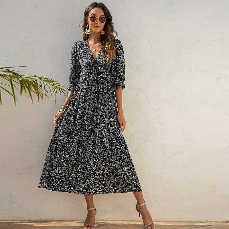 

2021 Summer New Style Women's V-neck Fashion Print Five-point Sleeves Polka Dot Black High Waist Sexy Mature Dress