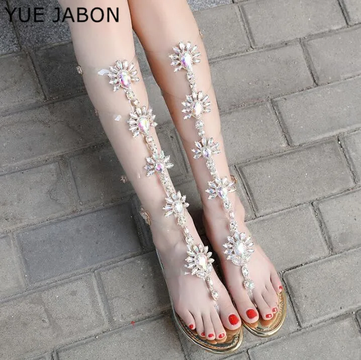 

Woman Bohemia Sandal Boots Gladiator Gold Rhinestone Knee High Boots Flat Heels Stiletto Crystal Dress Summer Shoes Sandalias