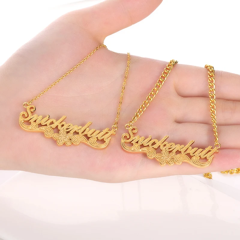 

Personalized Sea Wave Name Necklaces Pendants 3D Jewelry Custom Double Lines Flowers Nameplate Necklace Women Accessories