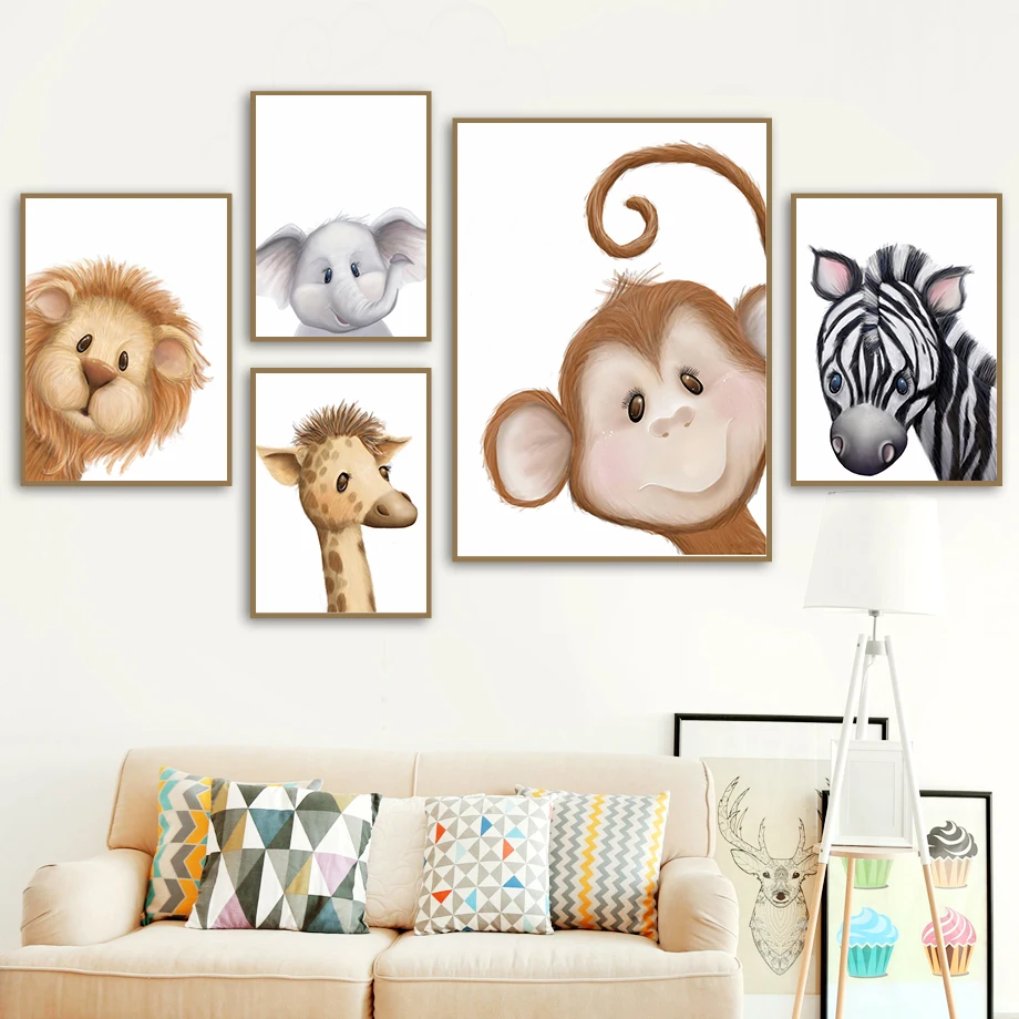 

Lion Zebra Giraffe Hippo Elephant Monkey Poster And Print Canvas Painting Nordic Animal Wall Art Pictures Kids Room Decor