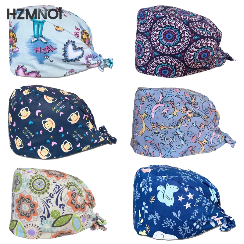 

Cartoon Printing High Quality Surgical Caps Woman Dentist Working Cap Beauty Salon Scrubs Cap Nurse Hat Pet Shop Scrub Hat