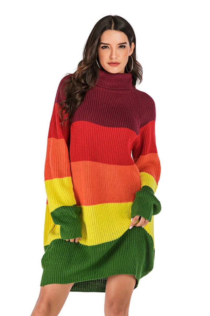 

High neck color contrast medium long casual sweater women's loose and thin sweater skirt in autumn and winter