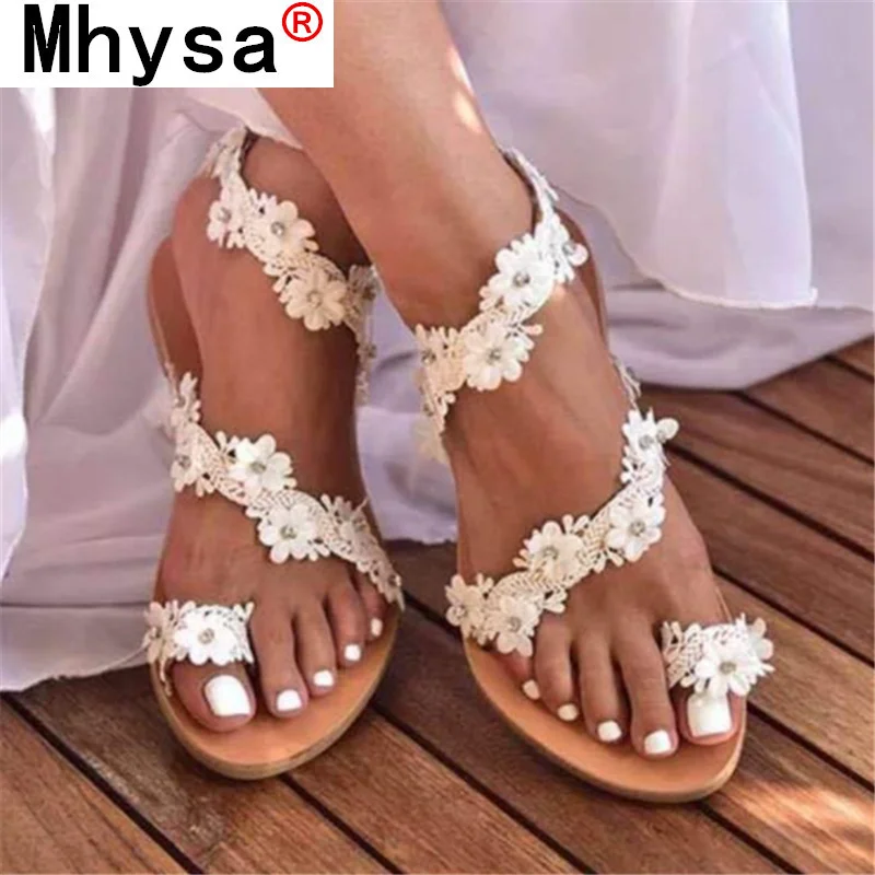 

2021 New Summer Women Sandals Fashion Lace Flowers Women Flat Sandals Outdoor Beach Open Toe Casual Sandals Set Foot Women Shoes