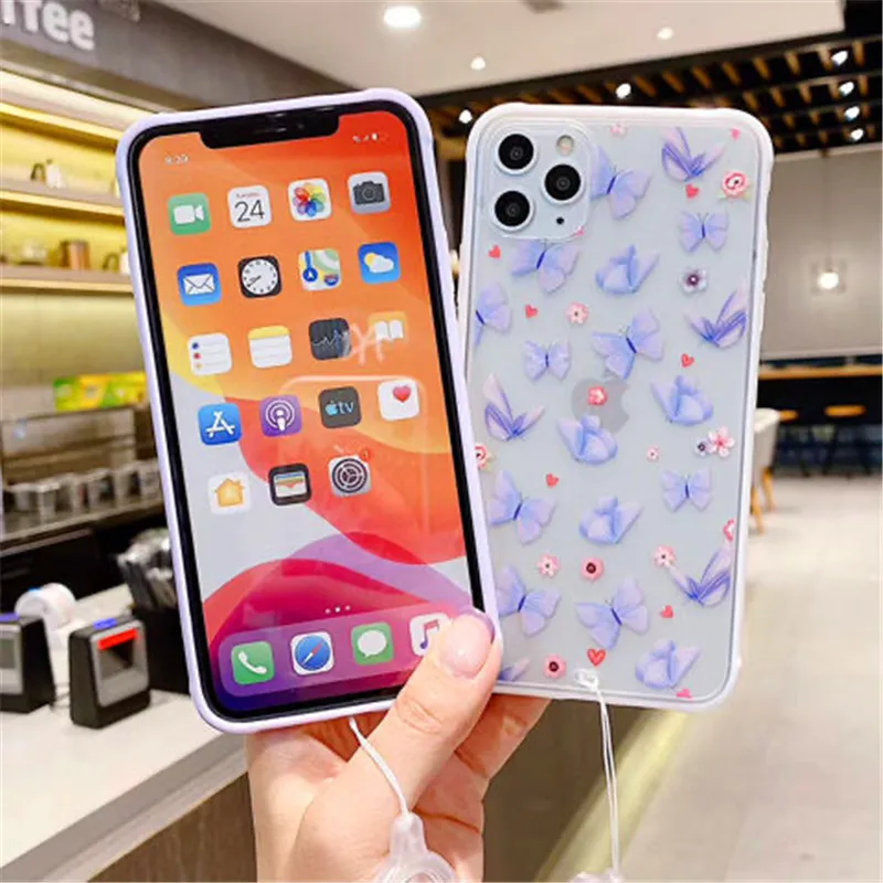 

Suitable foriPhone11pro mobile phone shell ins purple butterfly mobile phone shell silicone soft shell new se silicone lanyard