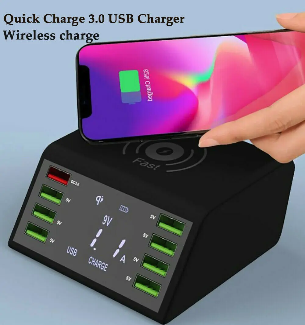 8 портов Быстрая зарядка USB зарядное устройство QC 3,0 умный адаптер питания станция ЖК-дисплей+ беспроводная Быстрая зарядка Eu/US/Au/UK вилка
