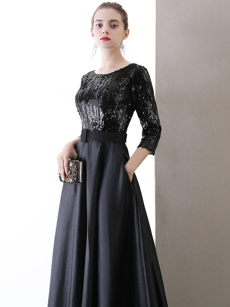 Женское длинное вечернее платье черное ТРАПЕЦИЕВИДНОЕ ПЛАТЬЕ с блестками для