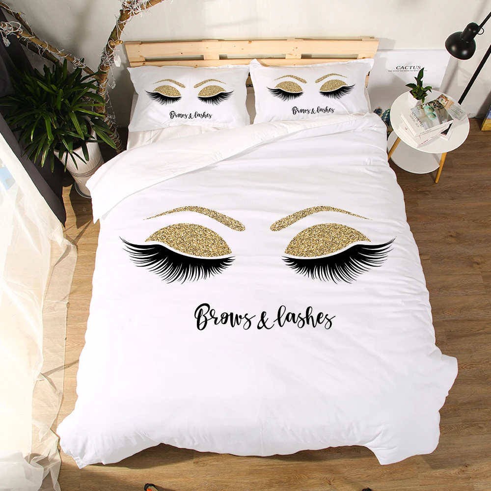 

Miracille Eyelash Bed Linen Gold and Black Cute Eyes Pattern Bedding Set Quilt Cover Set 3 Piece Funny Duvet Covers for Home