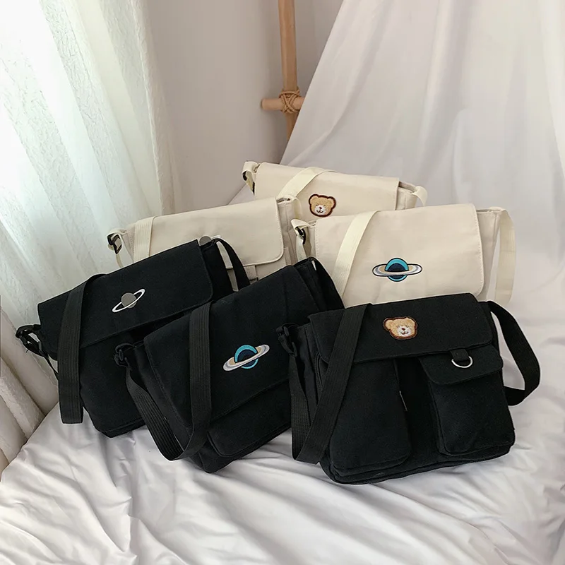 

Korean Canvas Shoulder Bag Zipper Luxury Women Bags Designer Women Messenger Bag Female Simple Handbag Animal embroidery tote