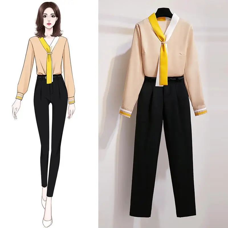 

Women 2021 Spring Summer Fashion Office Two Piece Set Female V-neck Long Sleeve Shirt + Pants Suits Elegant Ladies Suits B124