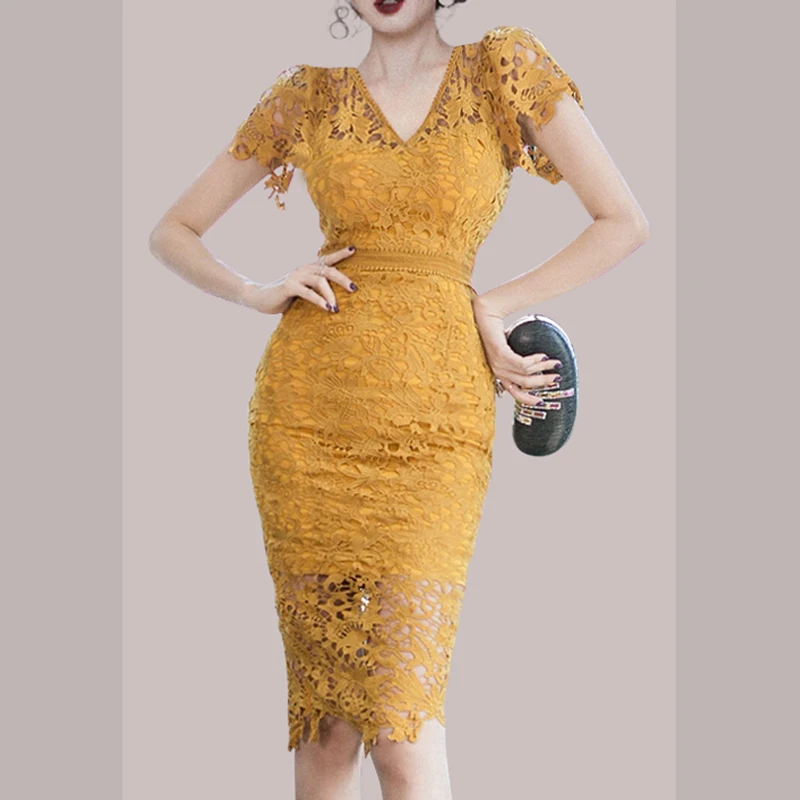

Lady Evening Party Sexy Dress Deep V-neck High Waist Bodycon Lace Dresses Summer Slim Vintage A-line Elegant Dress Female