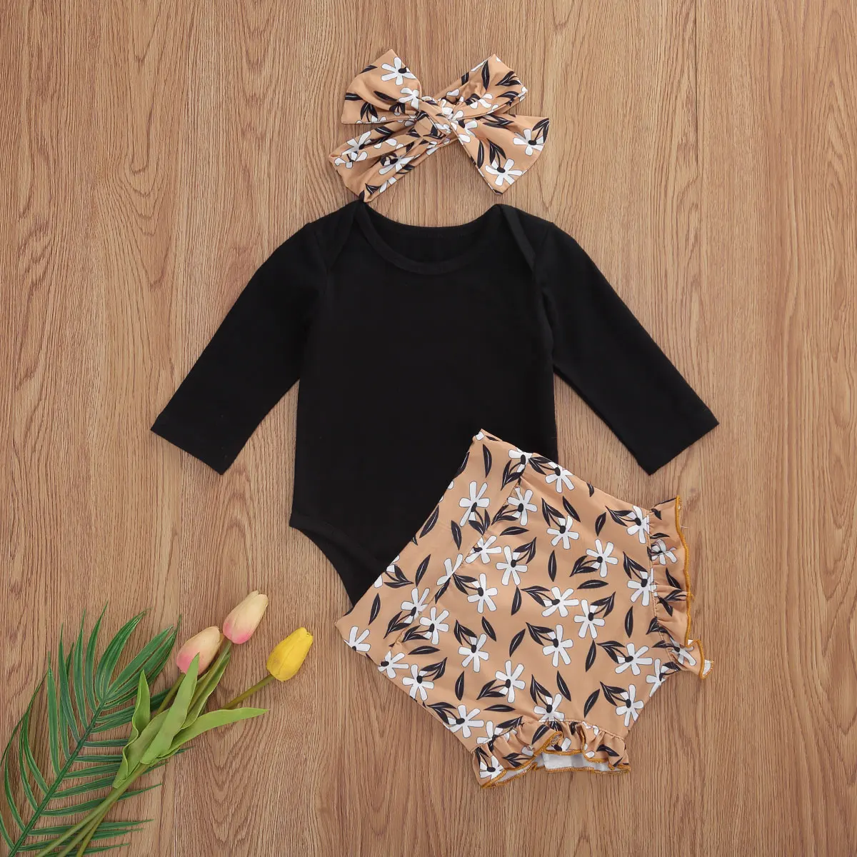 

Newborn Baby Girl 0-18M Clothes Solid Color Long Sleeve Romper Tops Print Short Pants Headband 3Pcs Outfits Cotton Clothes Set