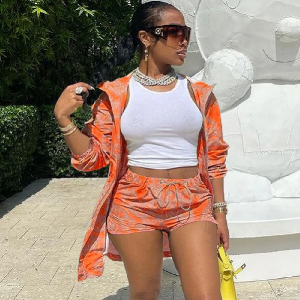 

Spring Autumn Fashion Women Sets Female Tops Floral Print Long Sleeve Jacket Elastic Waist Shorts Outfits 2021 2 Pieces Set Sexy